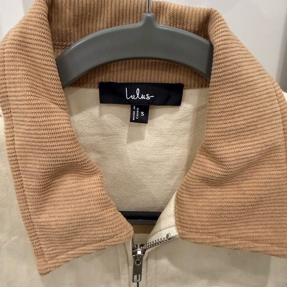 Lulus Cream Barn Jacket with Tan Ribbed Collar